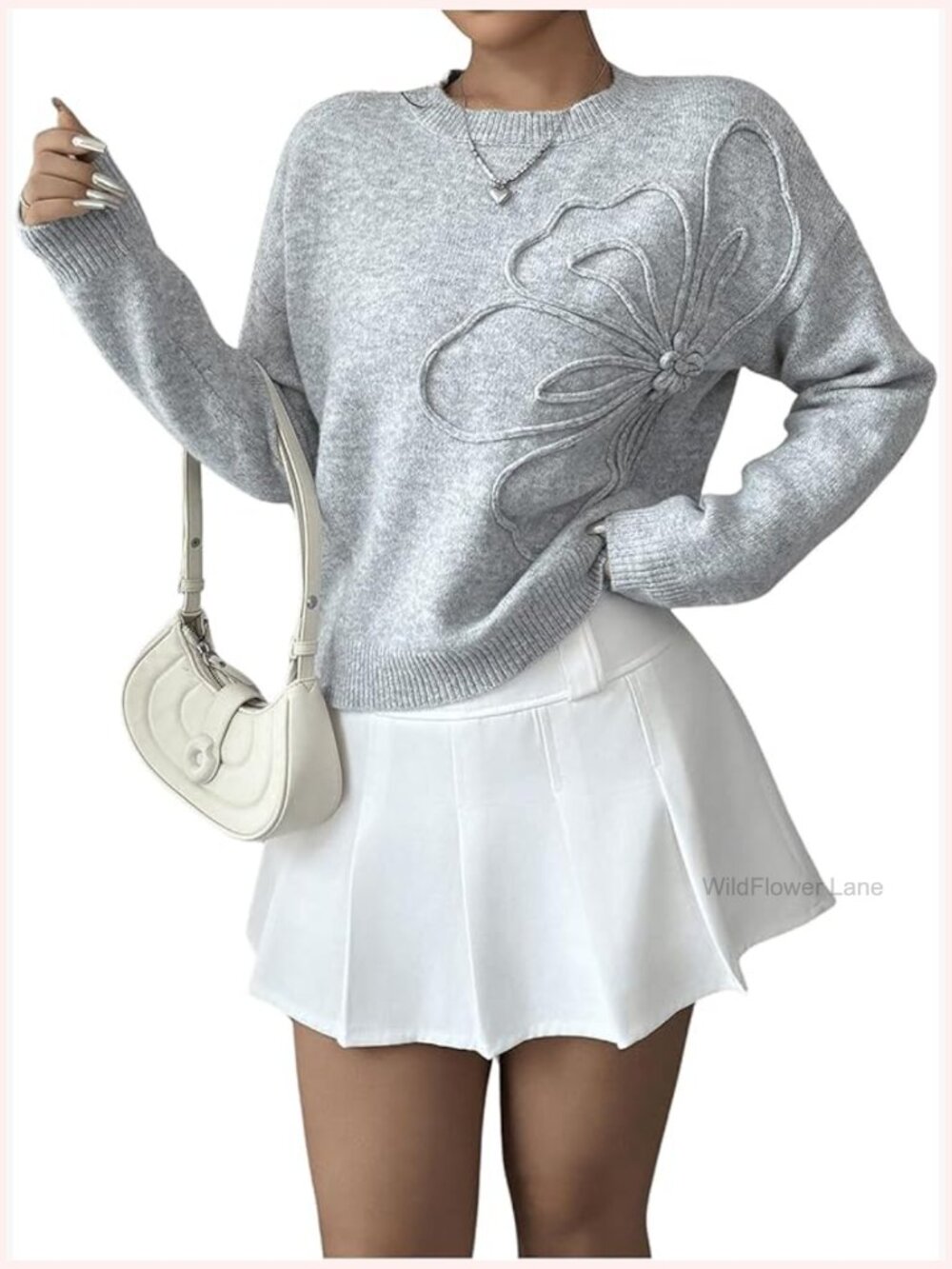 3D Floral Appliques Crewneck Sweater Long Sleeve Drop Shoulder Pullover Knit Top - Picture 1 of 5